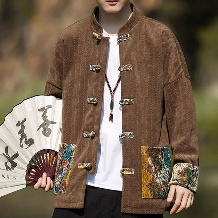 Buddha Stones Fall Winter Casual Tang Style Frog Button Solid Men's Jacket With Colorful Pockets - image 7