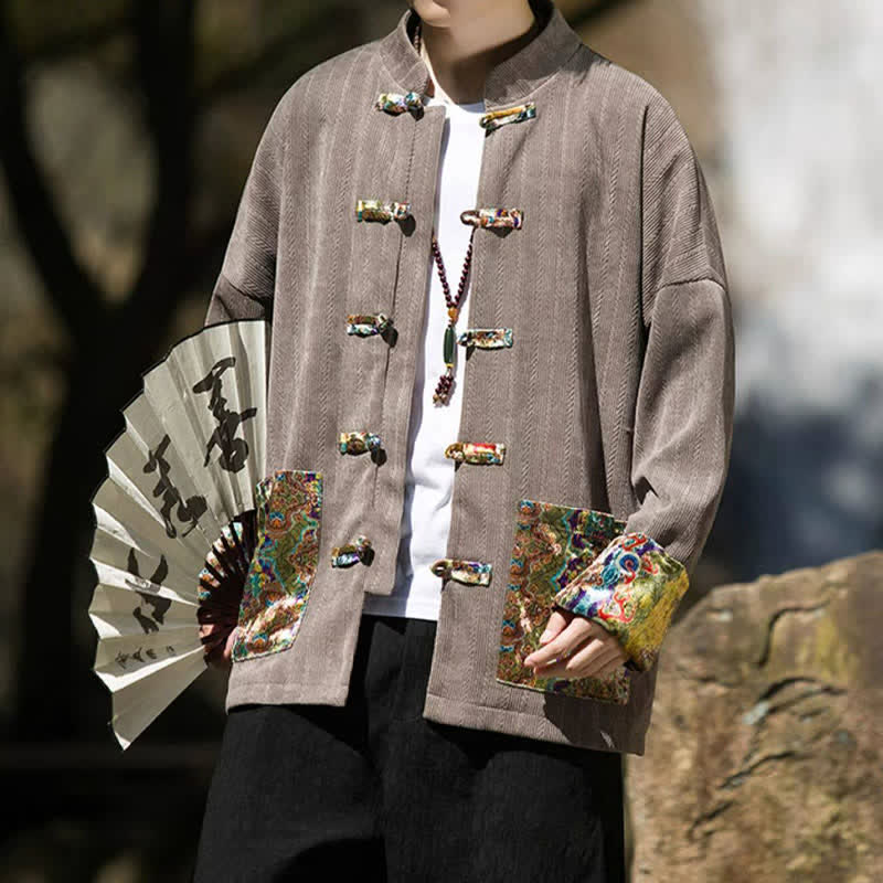 Buddha Stones Fall Winter Casual Tang Style Frog Button Solid Men's Jacket With Colorful Pockets - Gray - US/UK/AU46，EU56 (5XL) - image 16