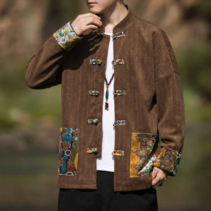 Buddha Stones Fall Winter Casual Tang Style Frog Button Solid Men's Jacket With Colorful Pockets - image 1