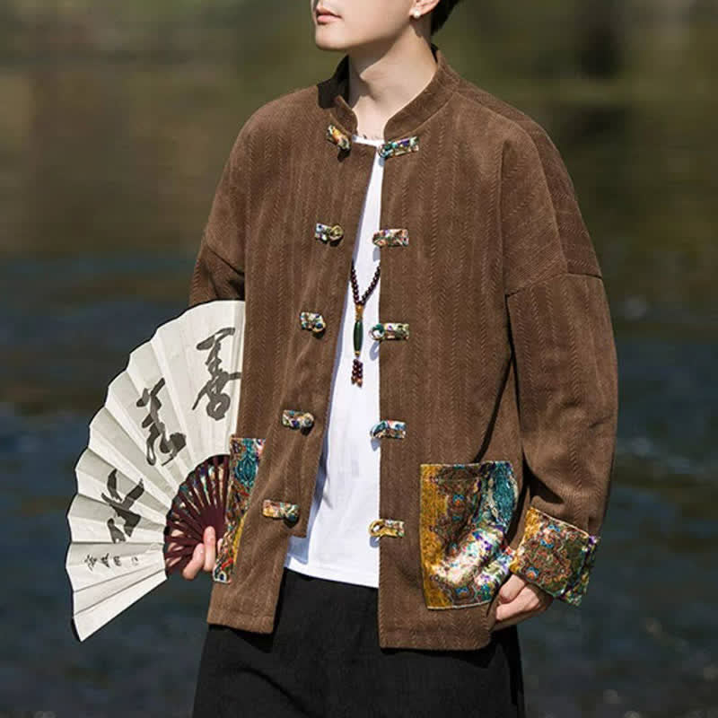 Buddha Stones Fall Winter Casual Tang Style Frog Button Solid Men's Jacket With Colorful Pockets - image 9