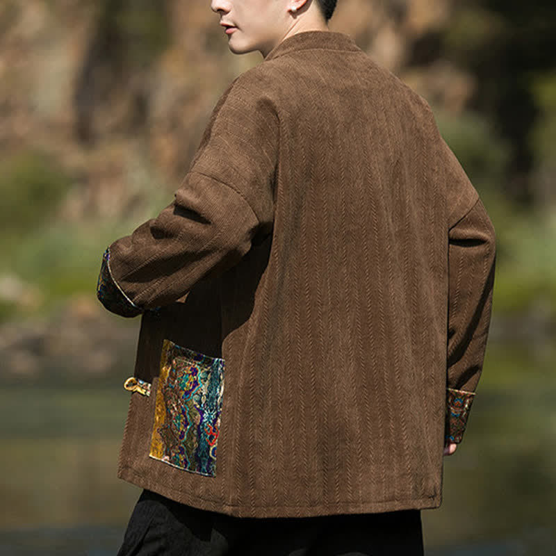 Buddha Stones Fall Winter Casual Tang Style Frog Button Solid Men's Jacket With Colorful Pockets - image 4