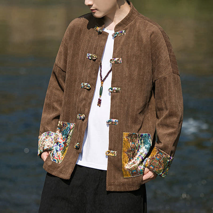 Buddha Stones Fall Winter Casual Tang Style Frog Button Solid Men's Jacket With Colorful Pockets - image 3