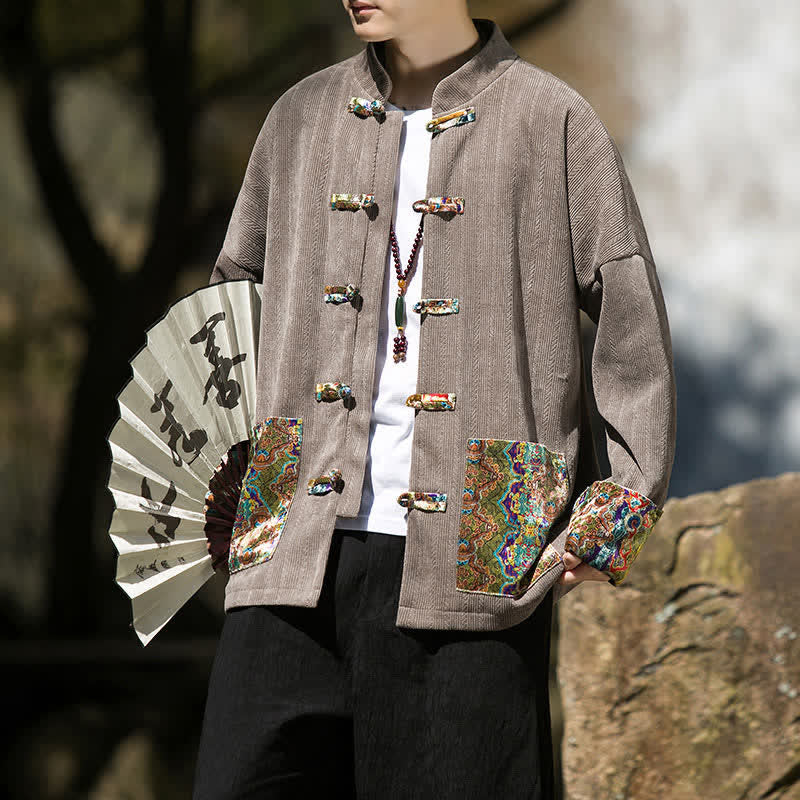 Buddha Stones Fall Winter Casual Tang Style Frog Button Solid Men's Jacket With Colorful Pockets - image 21
