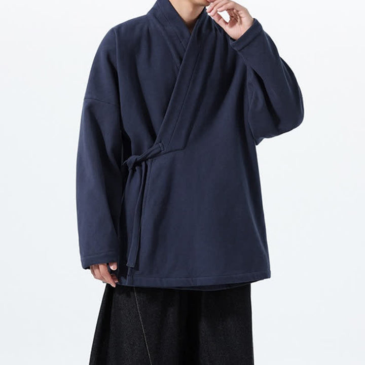 Buddha Stones Fall Winter Tang Style Minimalist Drawstring Solid Thickened Men's Kimono - image 5