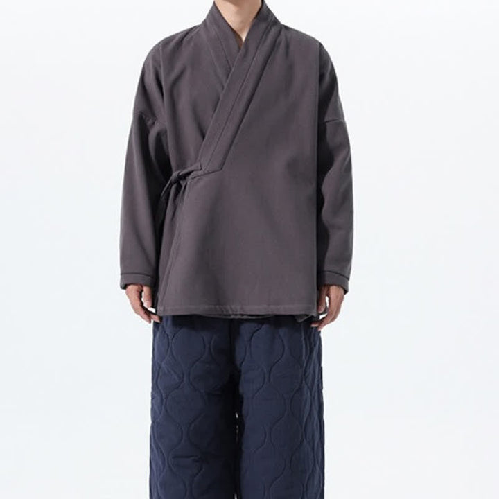 Buddha Stones Fall Winter Tang Style Minimalist Drawstring Solid Thickened Men's Kimono - image 27