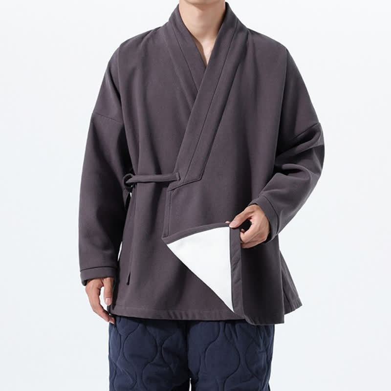 Buddha Stones Fall Winter Tang Style Minimalist Drawstring Solid Thickened Men's Kimono - image 23