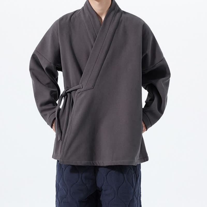 Buddha Stones Fall Winter Tang Style Minimalist Drawstring Solid Thickened Men's Kimono - image 22
