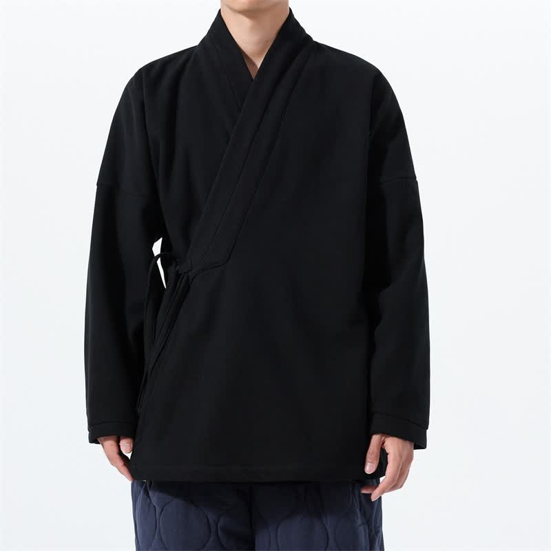 Buddha Stones Fall Winter Tang Style Minimalist Drawstring Solid Thickened Men's Kimono - Black - US/UK/AU46，EU56 (5XL) - image 12