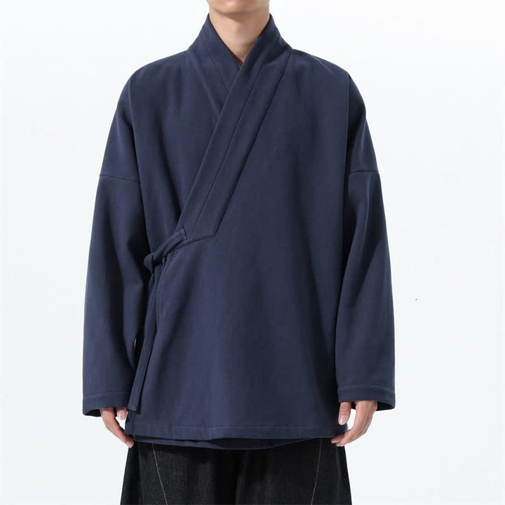Buddha Stones Fall Winter Tang Style Minimalist Drawstring Solid Thickened Men's Kimono - MidnightBlue - US/UK/AU46，EU56 (5XL) - image 0