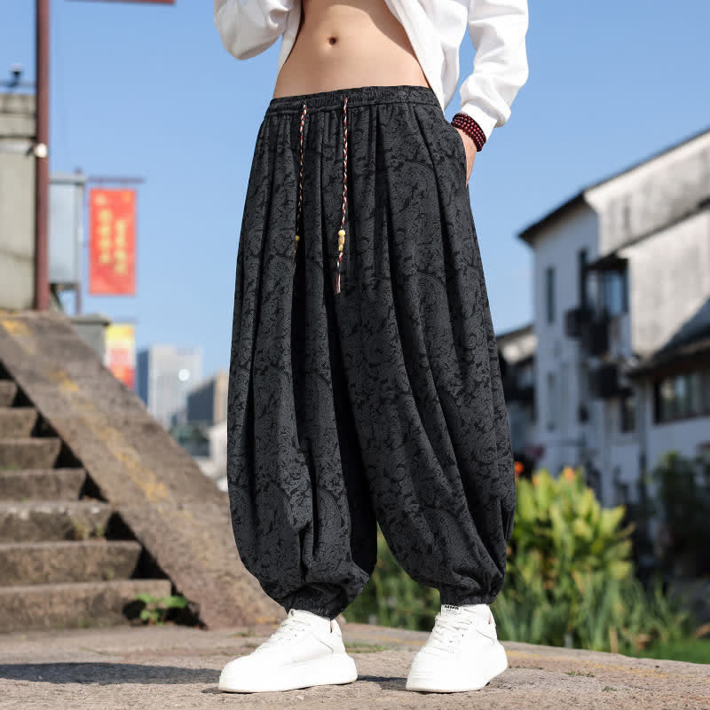 Buddha Stones Spring Fall Casual Vintage Drawstring Floral Ankle Pants Corduroy Men's Harem Pants With Pockets - Black - US/UK/AU52，EU62 (8XL) - image 0
