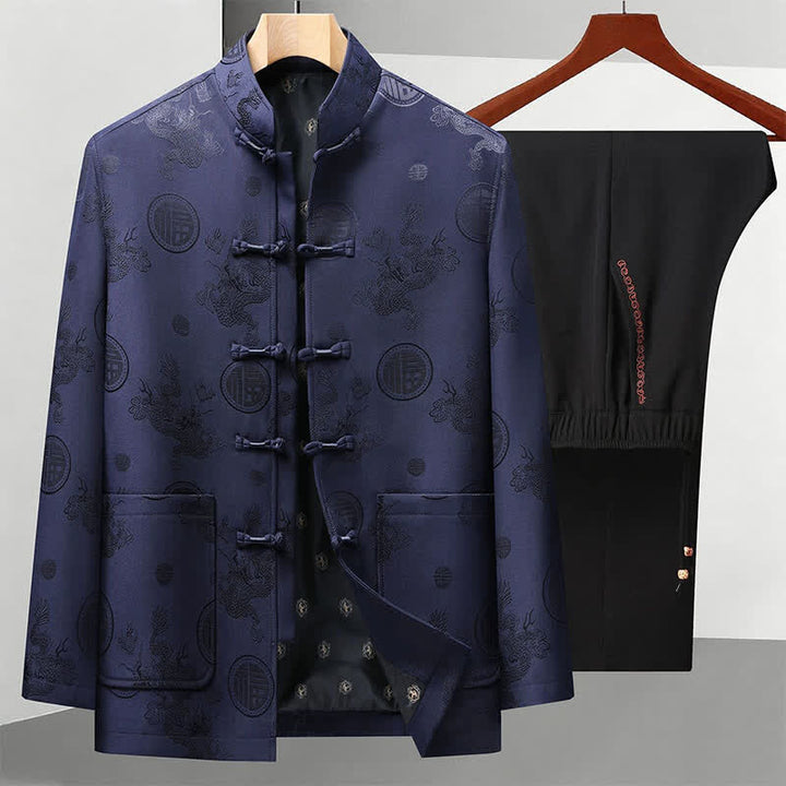 Buddha Stones 2Pcs Fall Winter Tang Style Vintage Mandarin Collar Frog Button Geometric Fu Character Dragon Men's Meditation Cloth With Pockets - Navy Blue Jacket Black Pants - US/UK/AU44，EU54 (4XL) - image 5