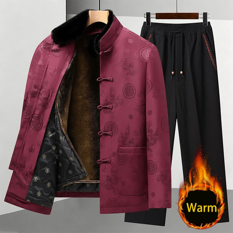 Buddha Stones 2Pcs Fall Winter Tang Style Vintage Mandarin Collar Frog Button Geometric Fu Character Dragon Men's Meditation Cloth With Pockets - image 2