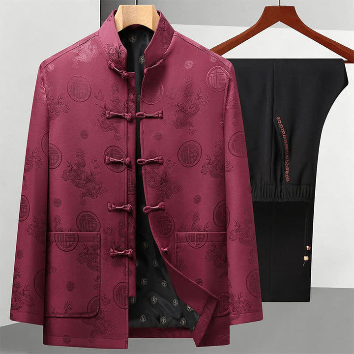 Buddha Stones 2Pcs Fall Winter Tang Style Vintage Mandarin Collar Frog Button Geometric Fu Character Dragon Men's Meditation Cloth With Pockets - Burgundy Jacket Black Pants - US/UK/AU44，EU54 (4XL) - image 0