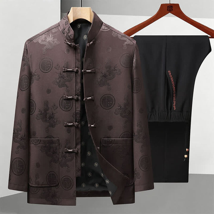 Buddha Stones 2Pcs Fall Winter Tang Style Vintage Mandarin Collar Frog Button Geometric Fu Character Dragon Men's Meditation Cloth With Pockets - Brown Jacket Black Pants - US/UK/AU44，EU54 (4XL) - image 6