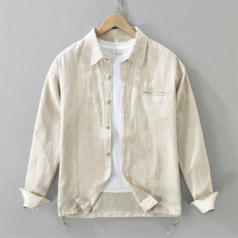 Buddha Stones Spring Casual Minimalist Button-Up Drawstring Solid Men's Long Sleeve Shirts - Beige - US/UK/AU42，EU52 (3XL) - image 0