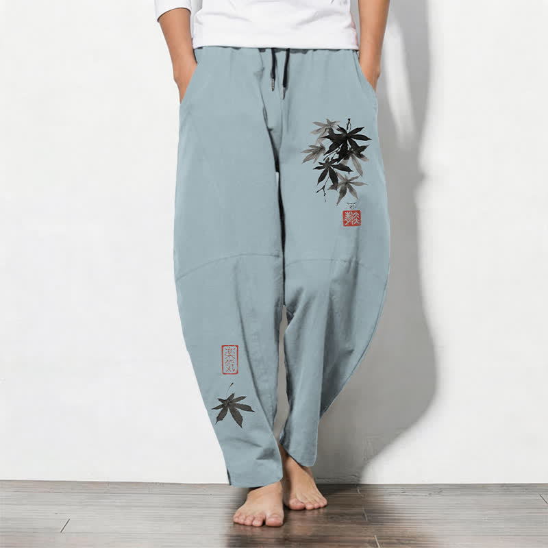 Buddha Stones Pure Cotton Artful Bamboo Motif Pattern Drawstring Men's Tapered Pants With Pockets - LightBlue - US/UK/AU50，EU60 (5XL) - image 0