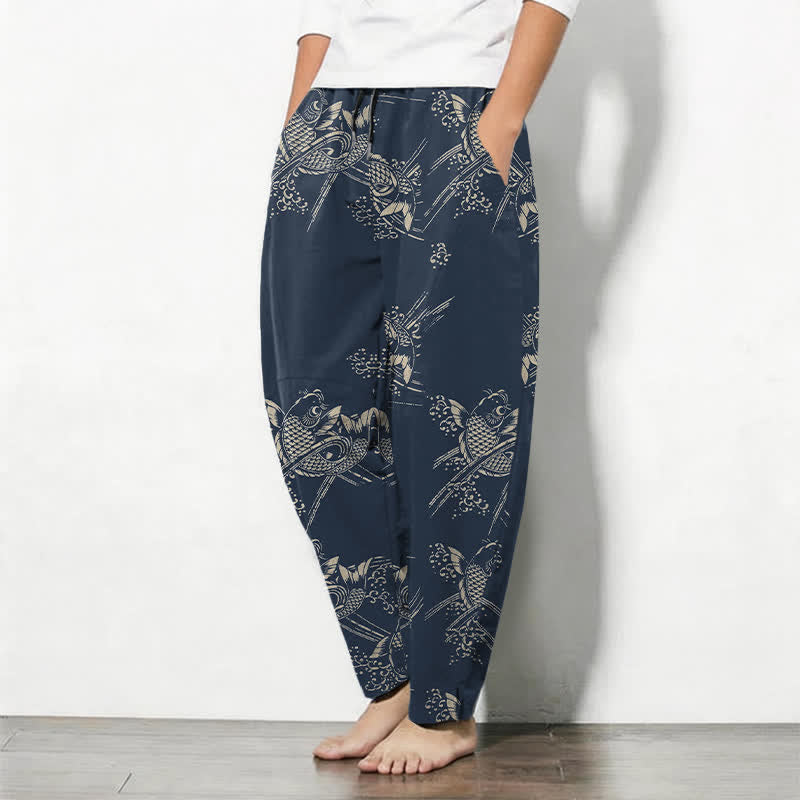 Buddha Stones Pure Cotton Bohemian Koi Fish Pattern Drawstring Men's Tapered Pants With Pockets - image 1