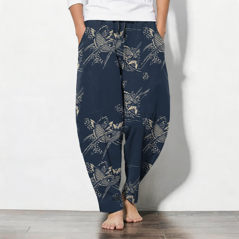 Buddha Stones Pure Cotton Bohemian Koi Fish Pattern Drawstring Men's Tapered Pants With Pockets - MidnightBlue - US/UK/AU50，EU60 (5XL) - image 0