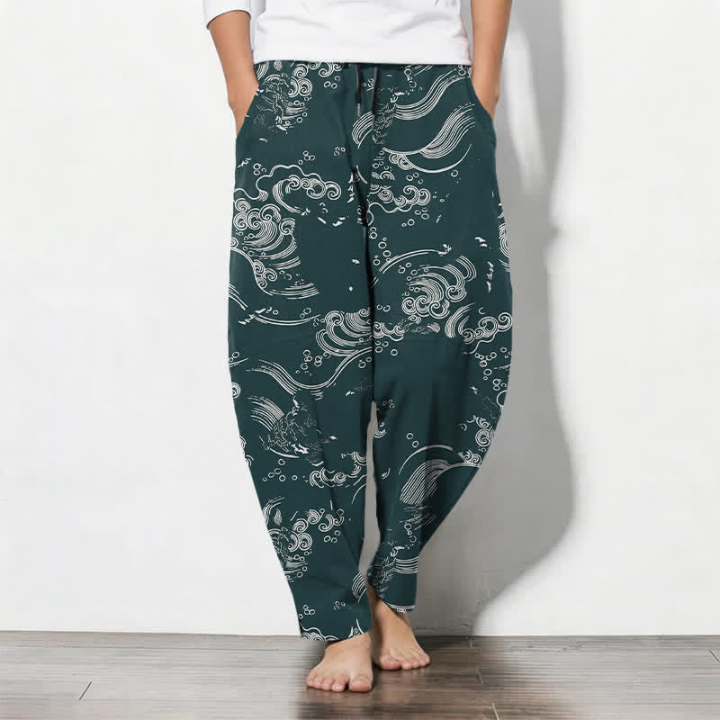 Buddha Stones Pure Cotton Oriental Wave Cloud Pattern Drawstring Men's Tapered Pants With Pockets - Teal - US/UK/AU50，EU60 (5XL) - image 0