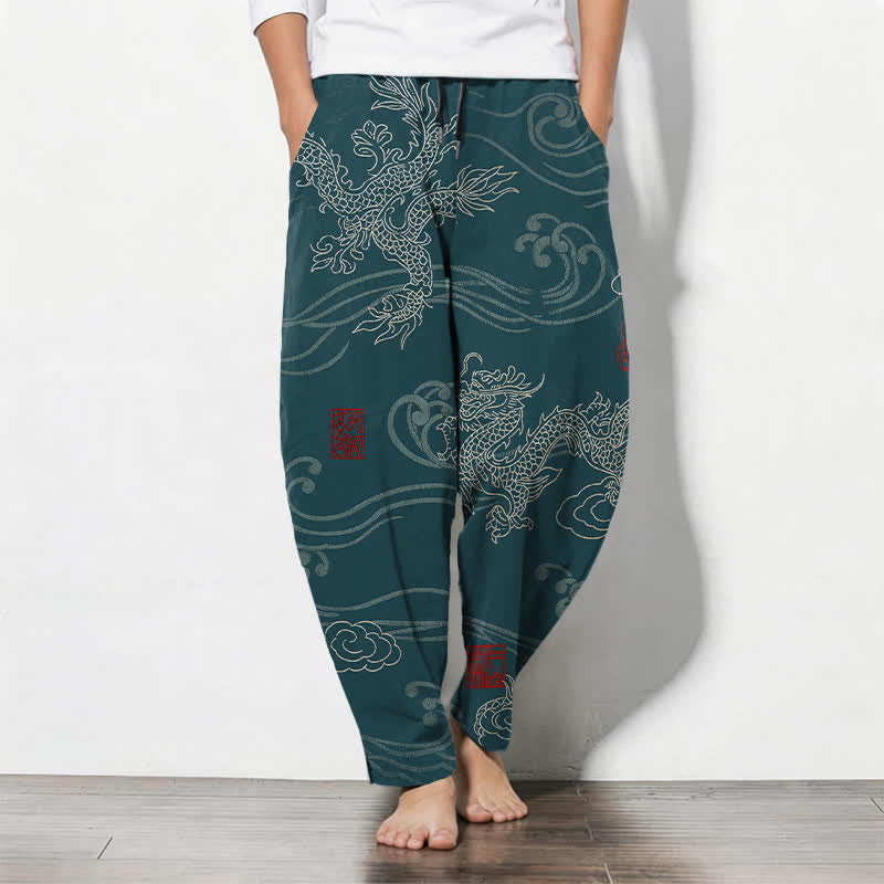 Buddha Stones Pure Cotton Auspicious Cloud Dragon Pattern Drawstring Men's Tapered Pants With Pockets - Teal - US/UK/AU50，EU60 (5XL) - image 0