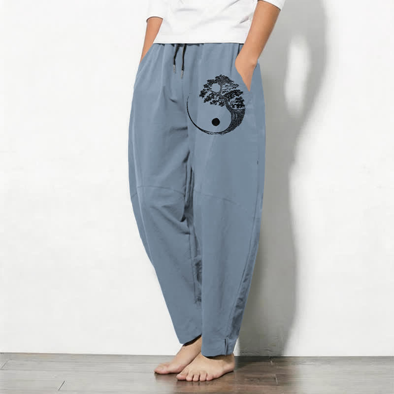 Buddha Stones Pure Cotton Ink Mountain Yin Yang Pattern Drawstring Men's Tapered Pants With Pockets - image 1