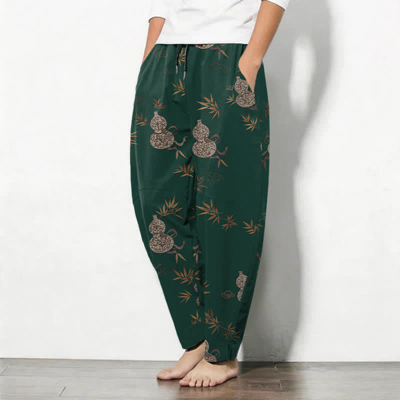 Buddha Stones Pure Cotton Bamboo Leaf Gourd Vine Pattern Drawstring Men's Tapered Pants With Pockets - image 1