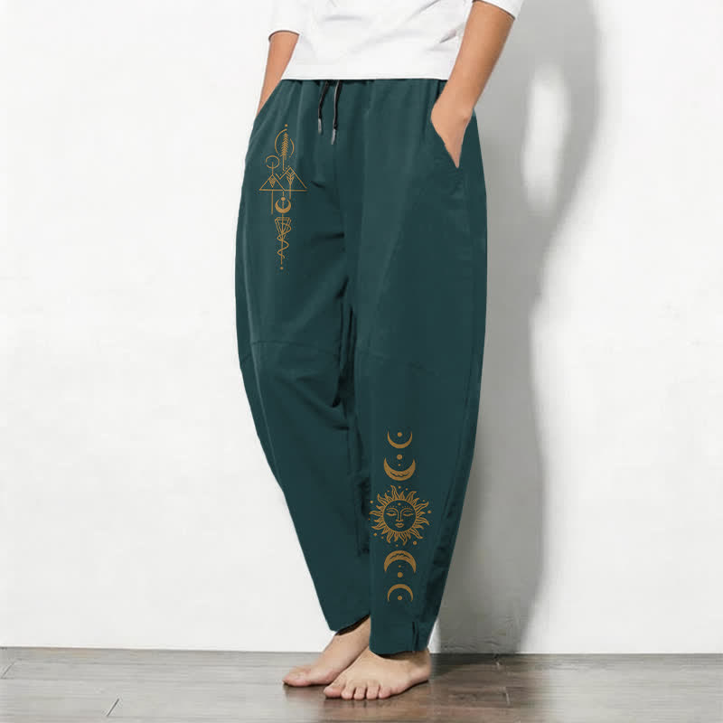 Buddha Stones Pure Cotton Bohemian Moon Phase Pattern Drawstring Men's Tapered Pants With Pockets - image 1
