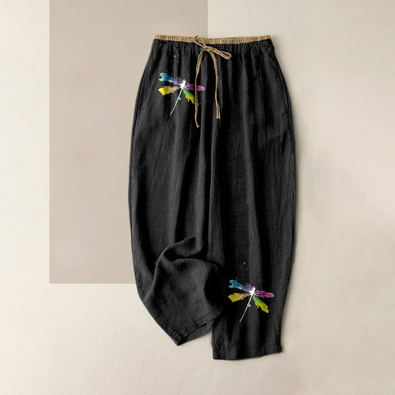 Buddha Stones Pure Cotton Bohemian Dragonfly Pattern Women's Elastic Waist Pants With Pockets - Black - US16，UK/AU20，EU48 (3XL) - image 0