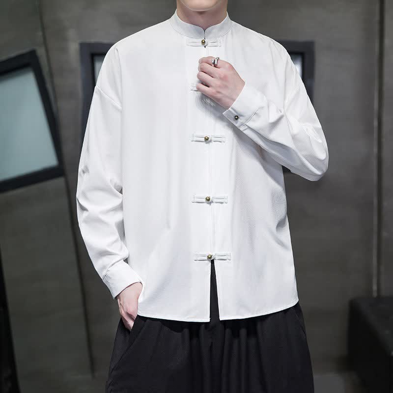 Buddha Stones Spring Casual Tang Style Mandarin Collar Frog Button Solid Men's Long Sleeve Shirts - White - US/UK/AU46，EU56 (5XL) - image 0
