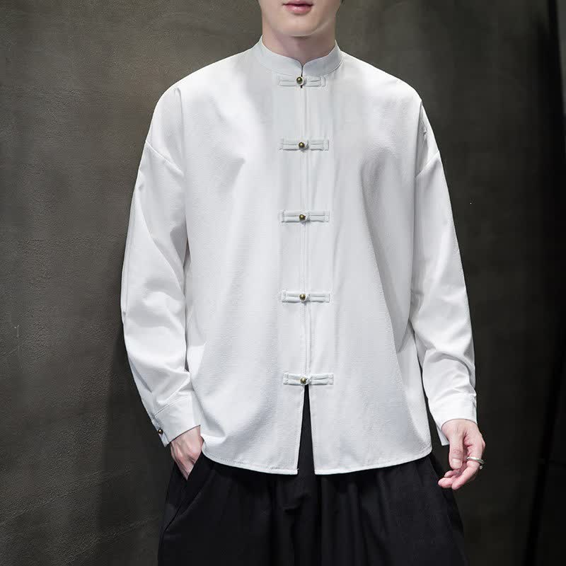 Buddha Stones Spring Casual Tang Style Mandarin Collar Frog Button Solid Men's Long Sleeve Shirts - image 1