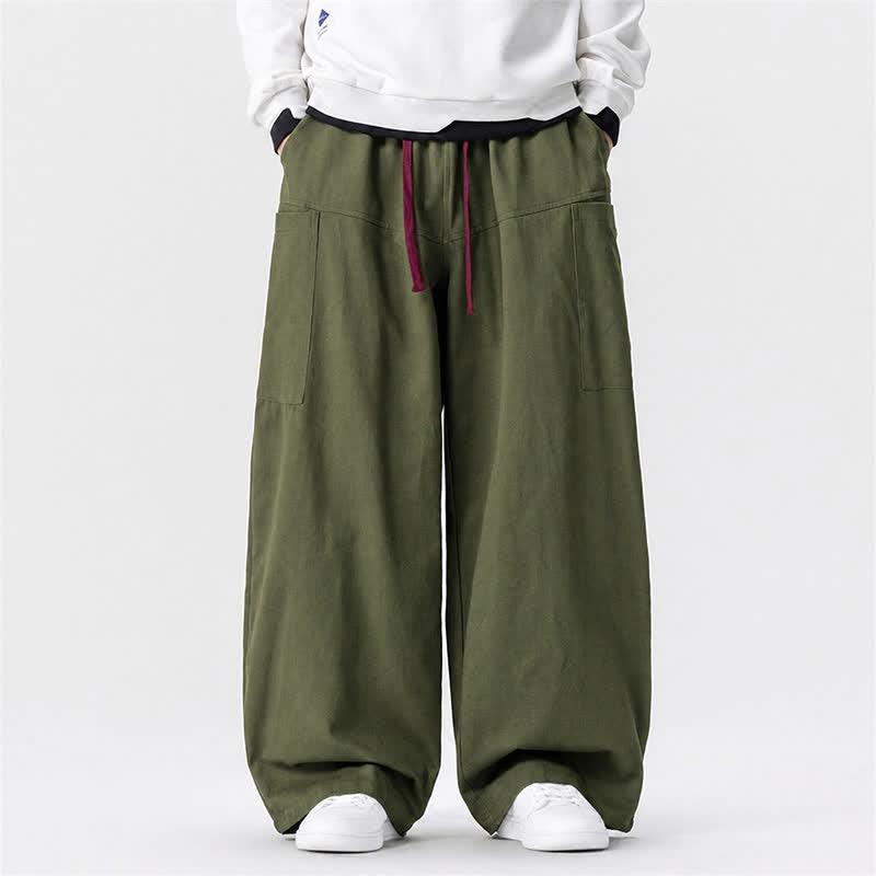 Buddha Stones Fall Casual Drawstring Solid Long Pants Men's Wide Leg Pants With Pockets - DarkOliveGreen - US/UK/AU46，EU56 (5XL) - image 0