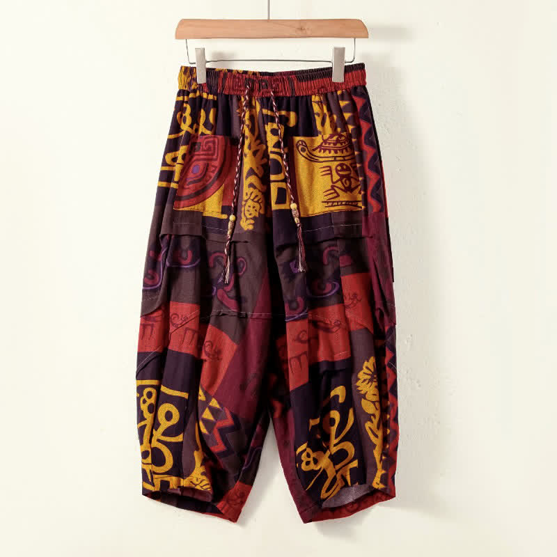 Buddha Stones Spring Classic Retro Drawstring Geometric Capri Pants Men's Harem Pants With Pockets - DarkOrange - US/UK/AU52, EU62 (8XL) - image 0