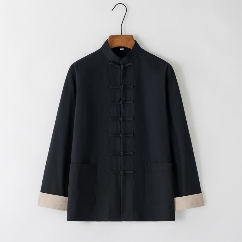 Buddha Stones Spring Fall Tang Style Minimalist Frog Button Solid Men's Long Sleeve Shirts With Pockets - Black - US/UK/AU44, EU54 (4XL) - image 1