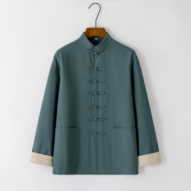 Buddha Stones Spring Fall Tang Style Minimalist Frog Button Solid Men's Long Sleeve Shirts With Pockets - CadetBlue - US/UK/AU44, EU54 (4XL) - image 0