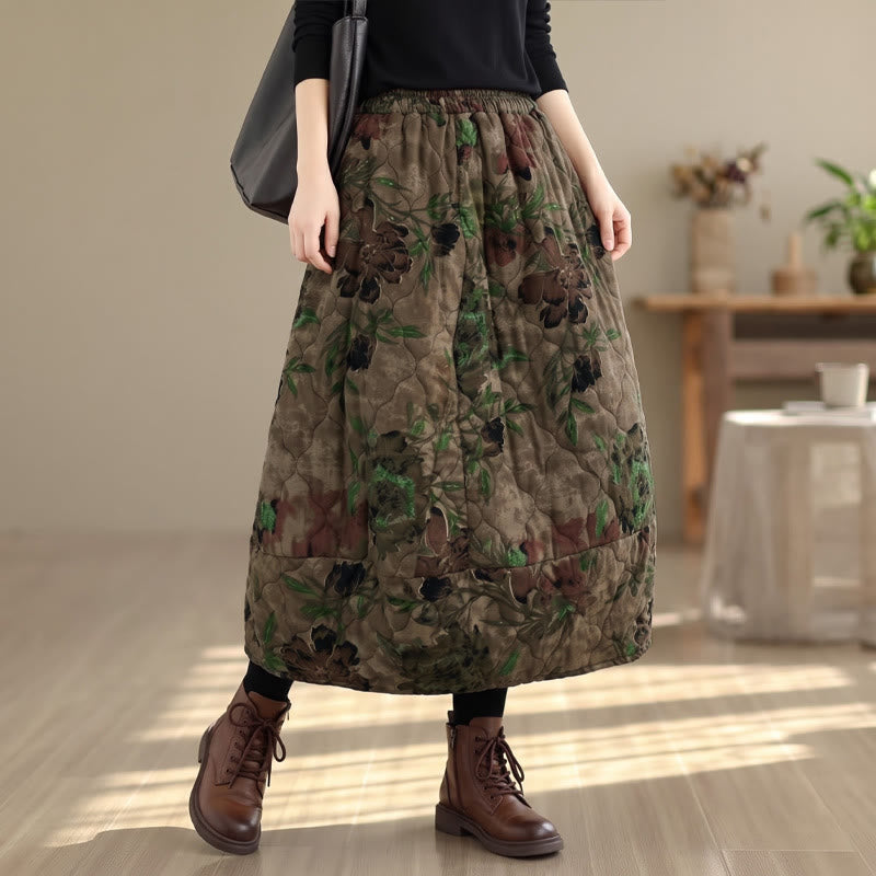 Buddha Stones Fall Winter Vintage High Waist Large Flowers Floral Women's Skirt With Pockets - image 1