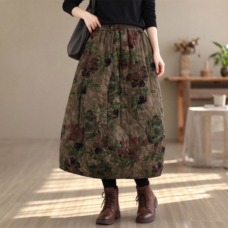 Buddha Stones Fall Winter Vintage High Waist Large Flowers Floral Women's Skirt With Pockets - Tan - US6, UK/AU10, EU38 (XL) - image 0