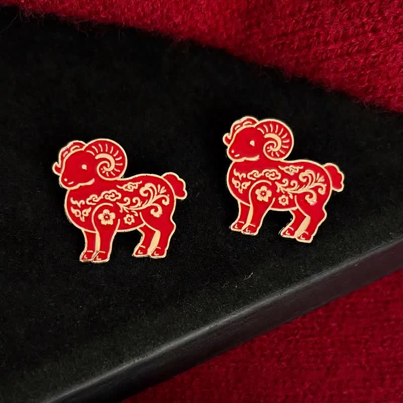 Buddha Stones Red And Gold Chinese Zodiac Goat Prosperity Brooch - image 1