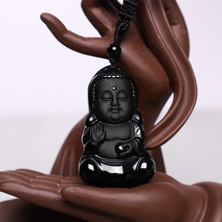 Buddha Stones Natural Black Obsidian Crystal Buddha Strength Protection Amulet Lucky Charm Pendant Necklace - image 2