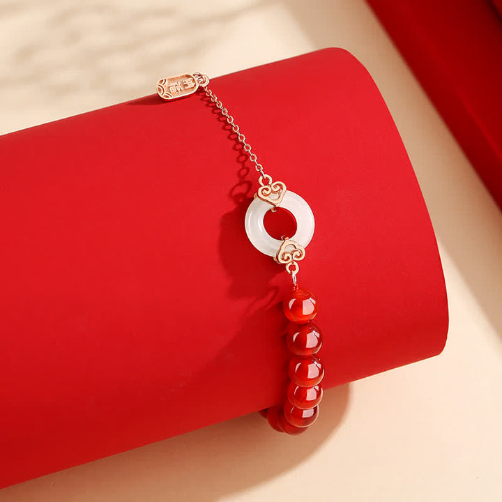 Buddha Stones 925 Sterling Silver Natural Red Agate White Jade Peace Buckle Confidence Bracelet - image 3