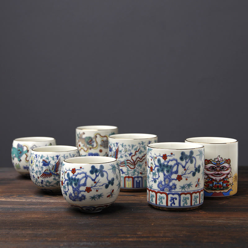 Buddha Stones Vintage Plum Blossom Pine Bamboo Phoenix Kirin Lion Dancing Ceramic Teacup Tea Cups - image 0