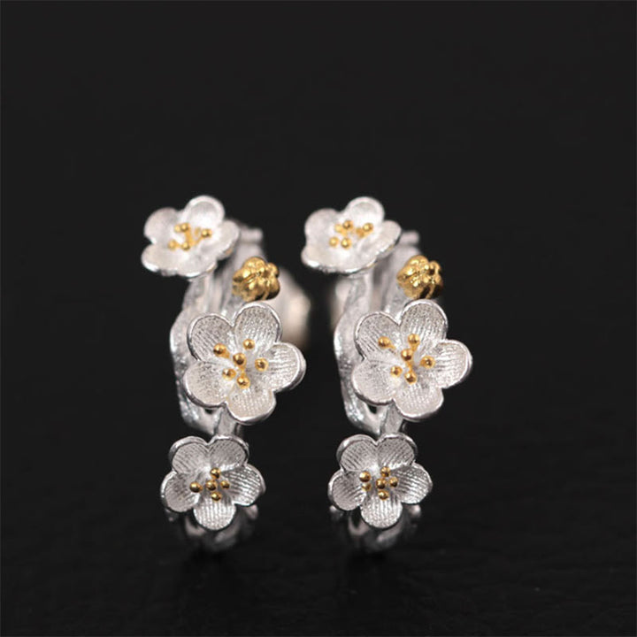 Buddha Stones 925 Sterling Silver Plum Blossom Floral Blessing Earrings - 925 Sterling Silver Plum Blossom - image 0
