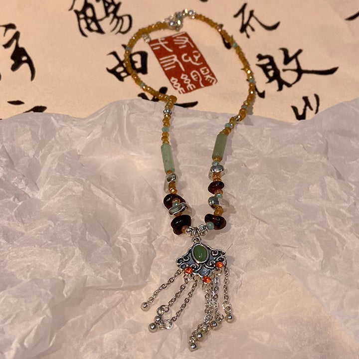 Buddha Stones Tibetan Crystal Stone Copper Luck Tassel Necklace Pendant - image 4