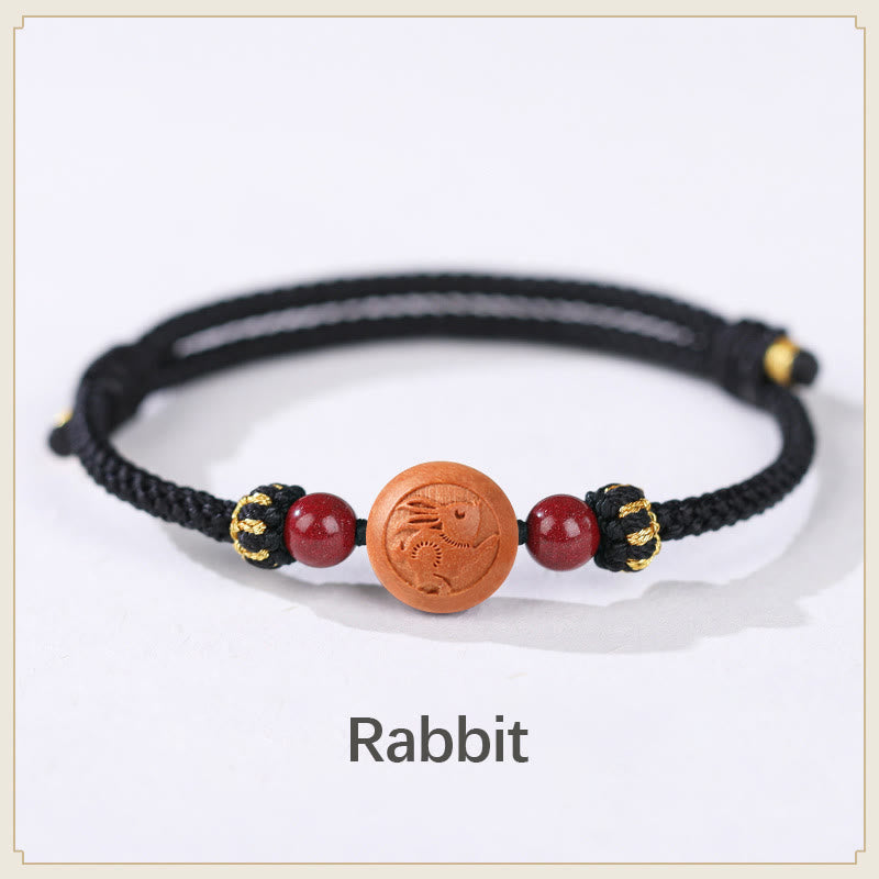 Buddha Stones Natural Peach Wood Chinese Zodiac Fu Character Carved Cinnabar Wealth Bracelet - Rabbit-Black(Wrist Circumference 14-22cm) - image 15