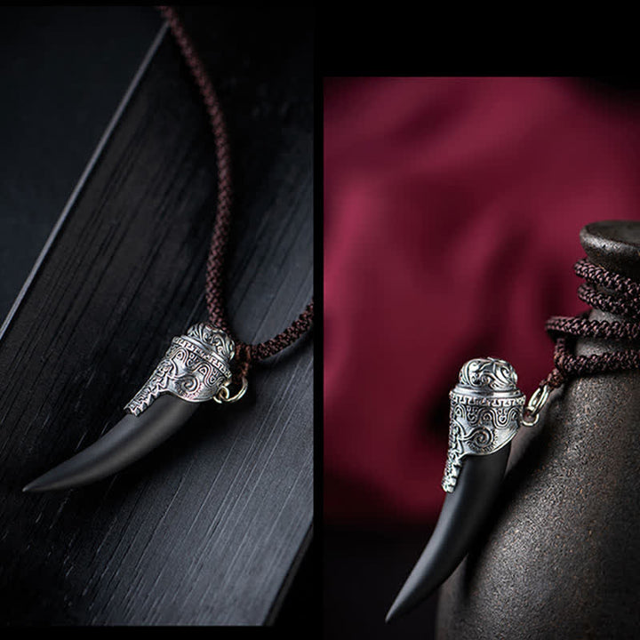 925 Sterling Silver Black Obsidian Wolf Tooth Pattern Strength Necklace Pendant - image 7