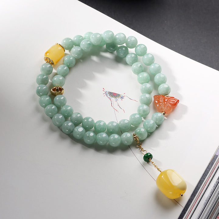 Buddha Stones 925 Sterling Silver Natural Jade Amber Butterfly Luck Abundance Bracelet - image 1