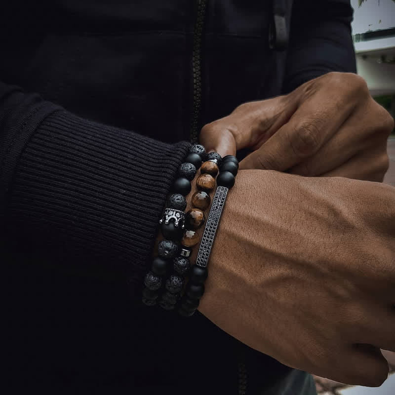 Buddha Stones 3Pcs Frosted Stone Lava Rock Tiger Eye Activate Bracelet - image 4