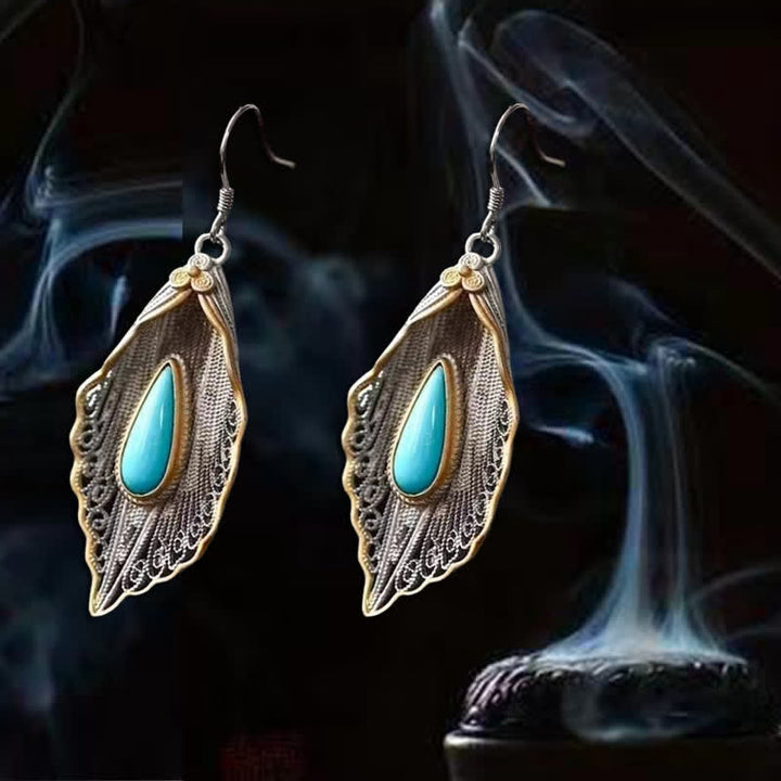 Buddha Stones 925 Sterling Silver Turquoise Bodhi Leaf Pattern Protection Drop Dangle Earrings - image 5