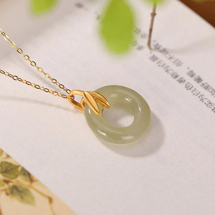 Buddha Stones 925 Sterling Silver Cyan Jade Peace Buckle Bamboo Leaf Harmony Necklace Pendant - image 5