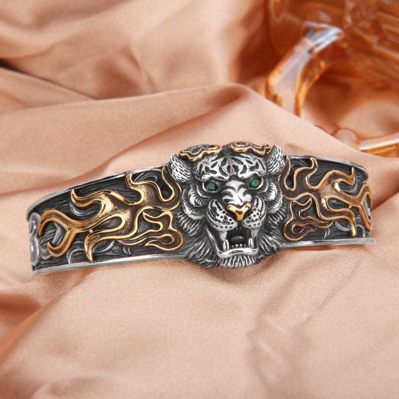 Buddha Stones 925 Sterling Silver Chinese Zodiac Tiger Keep Away Evil Spirits Bracelet Bangle - image 2