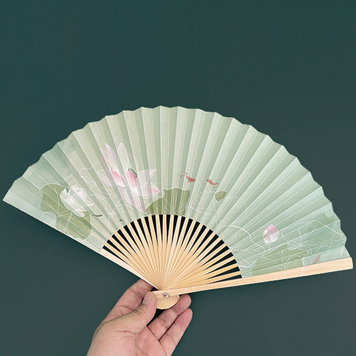 Buddha Stones Lotus Flowers Leaf Koi Fish Handheld Paper Bamboo Folding Fan - image 2